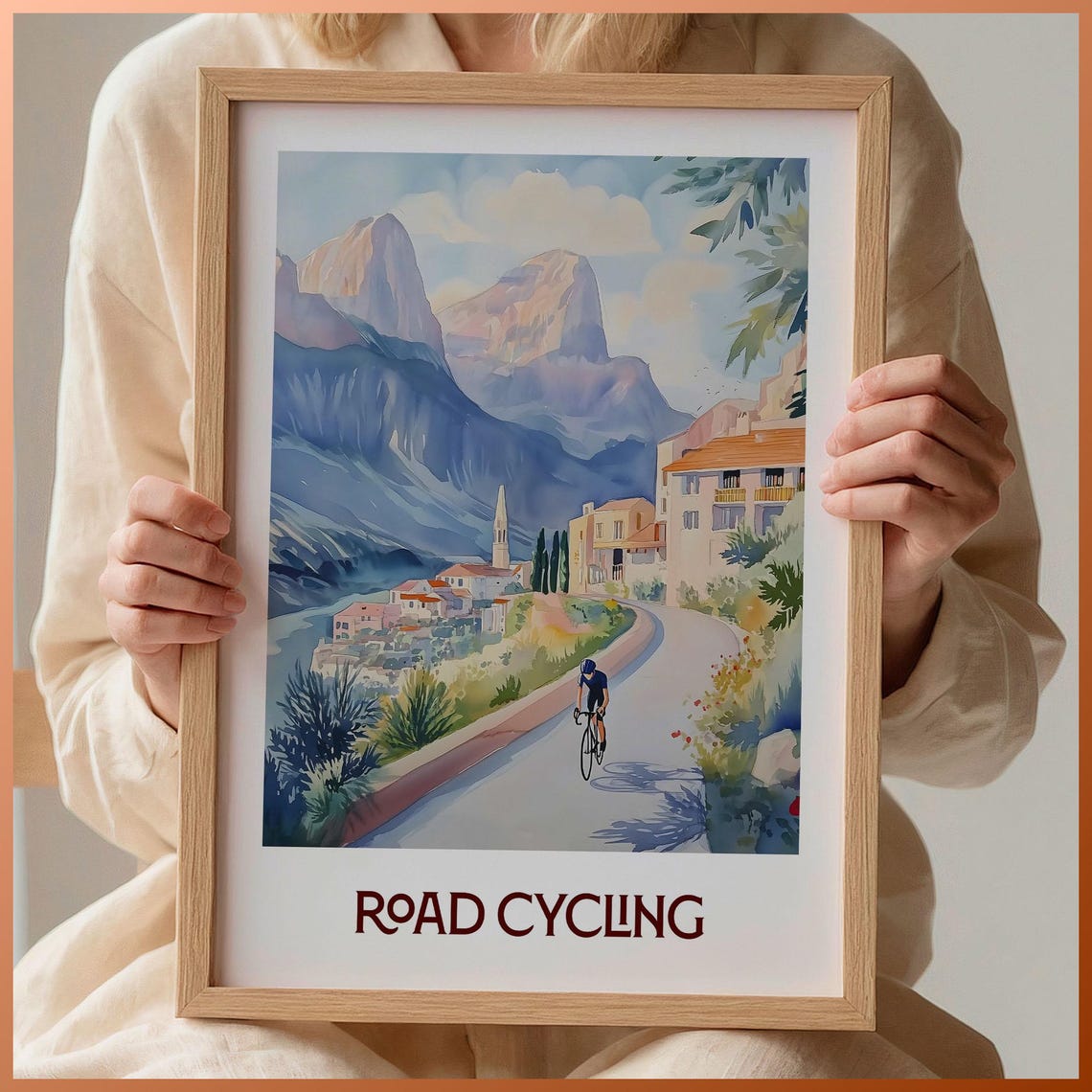 Road Cycling Alpine Mountain Village Watercolor Sport Art Poster