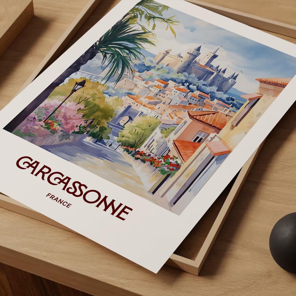 Carcassonne France Watercolor Medieval Castle Old Town Flower Street Poster - Image 2
