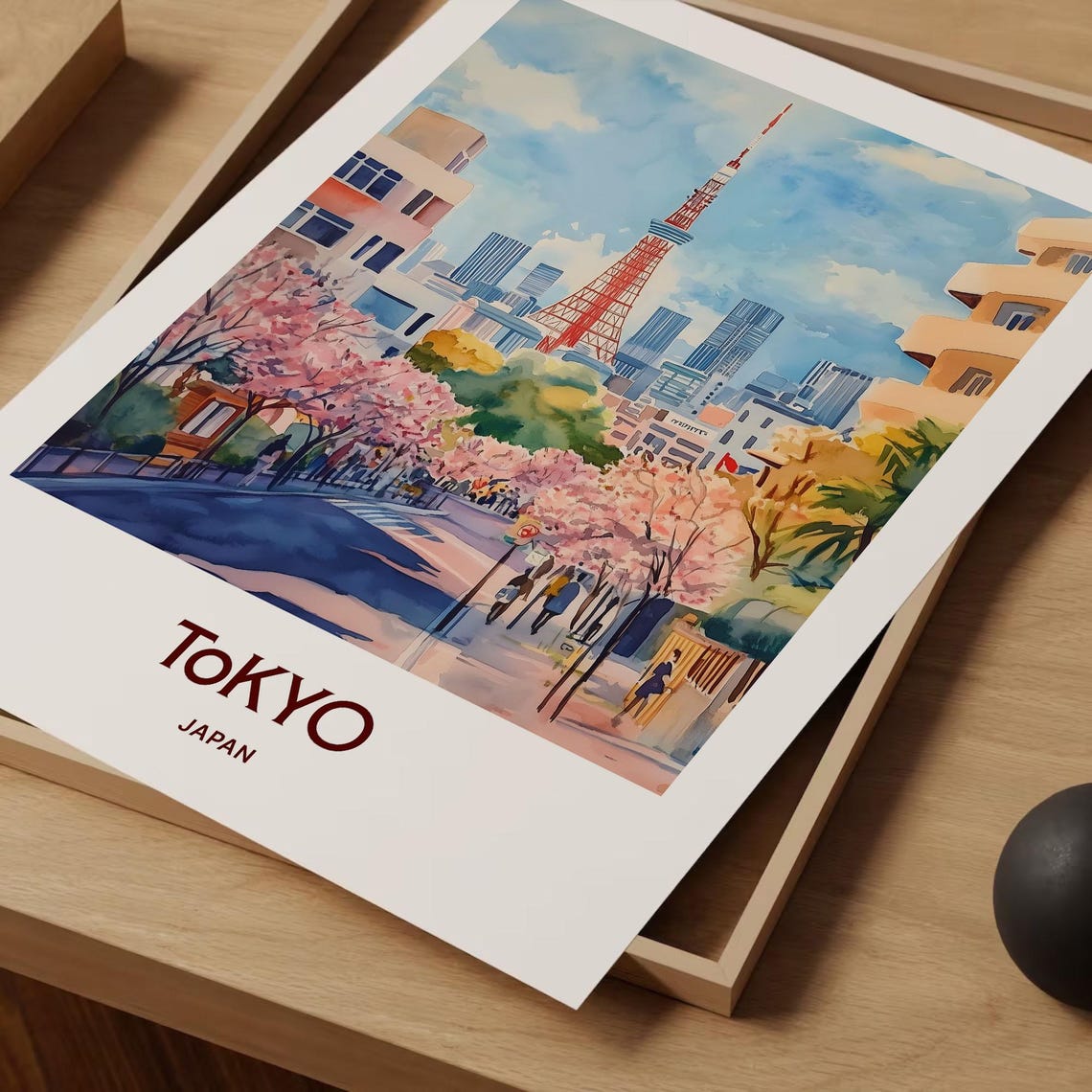 Tokyo Japan Pastel Landmark Tower Cherry Blossom Scene Poster - Image 2