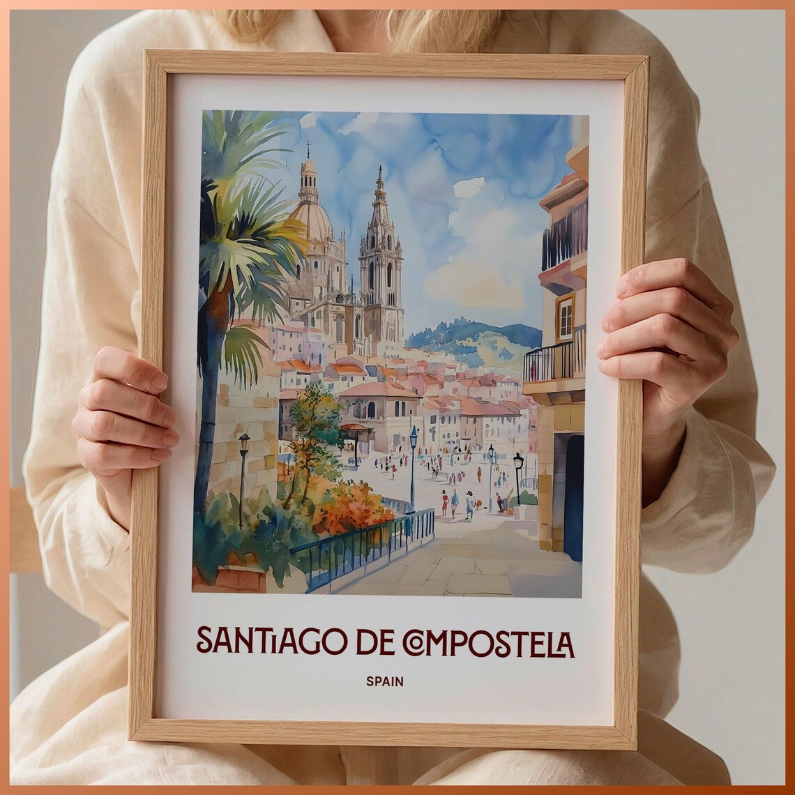 Santiago de Compostela Spain Cathedral Watercolor Travel Poster