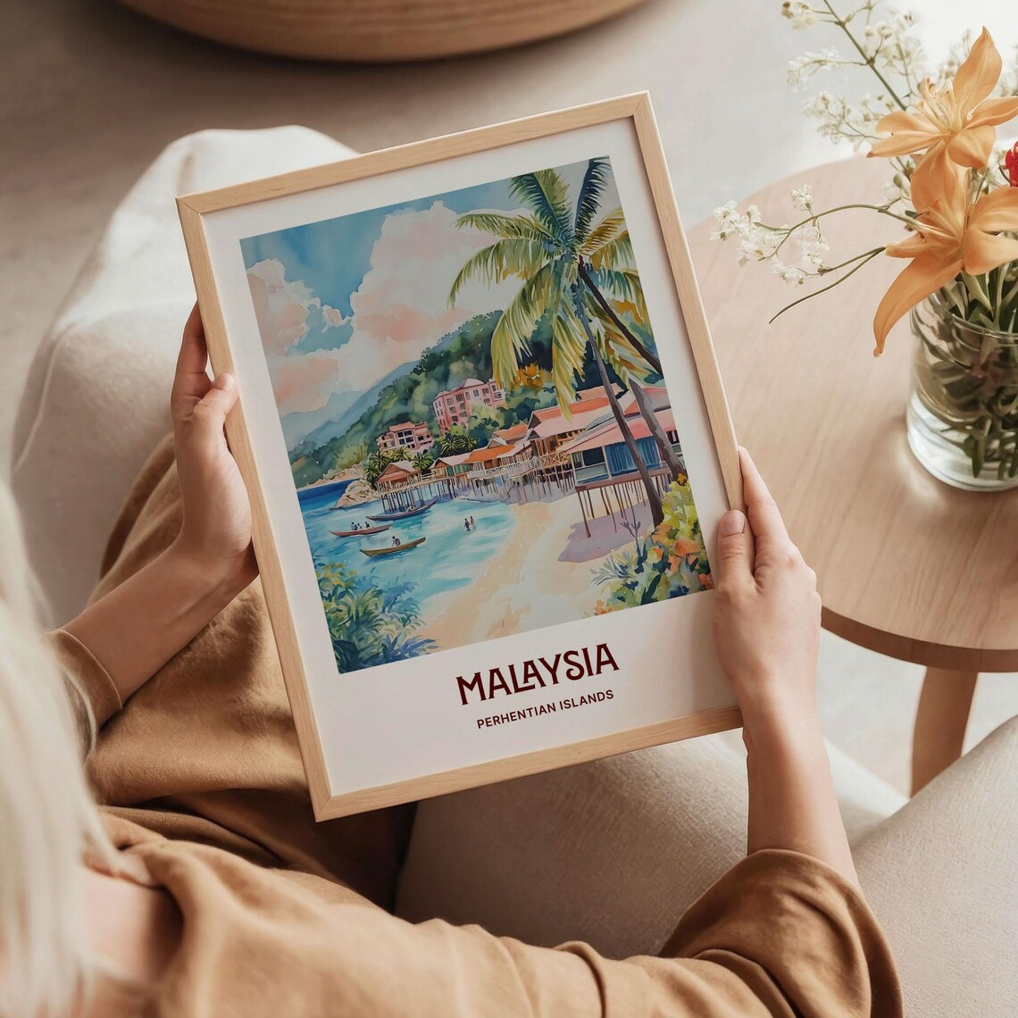Perhentian Islands Malaysia Beach Huts Watercolor Tropical Travel Poster - Image 5