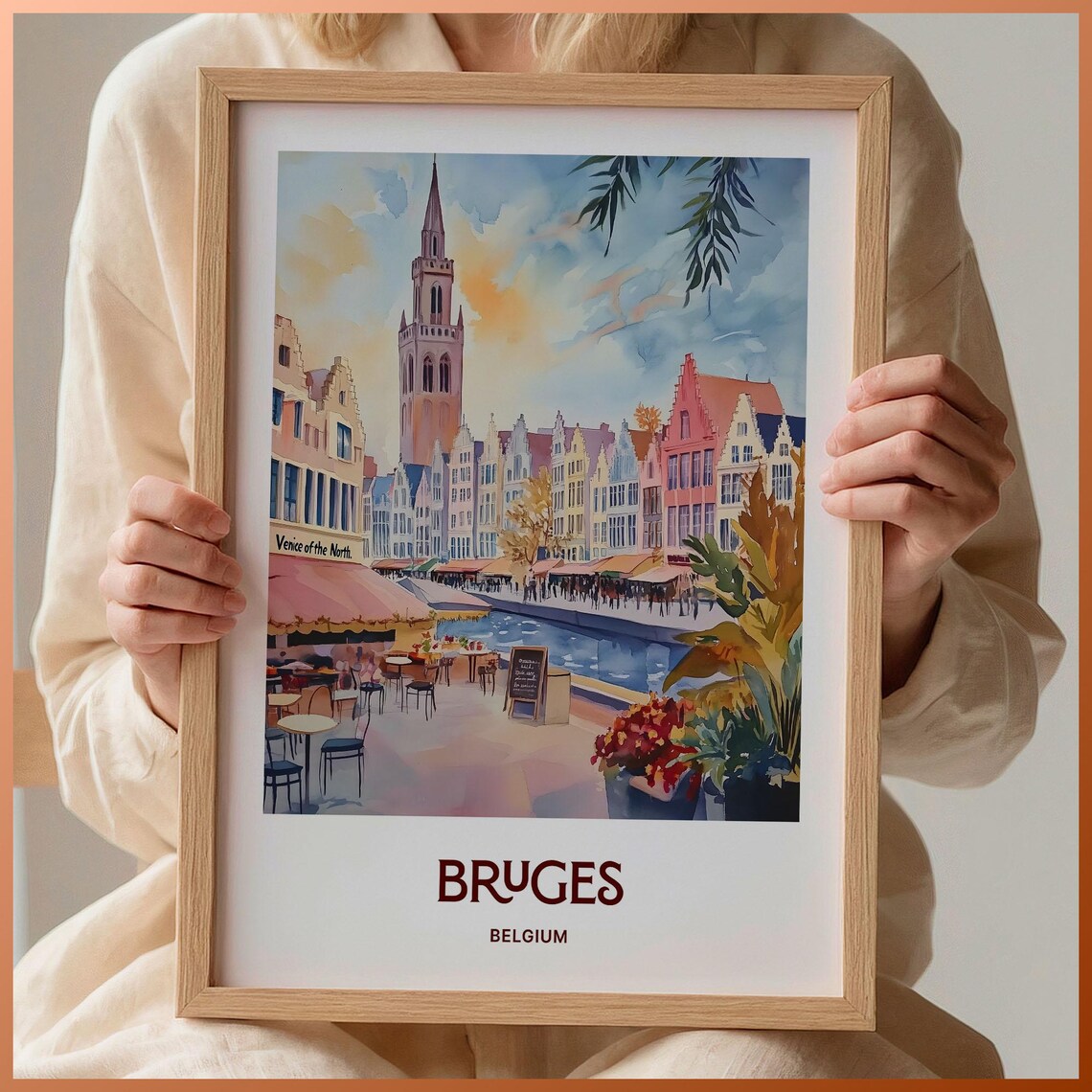 Charming Bruges Belgium Canal Belfry Watercolor Travel Poster