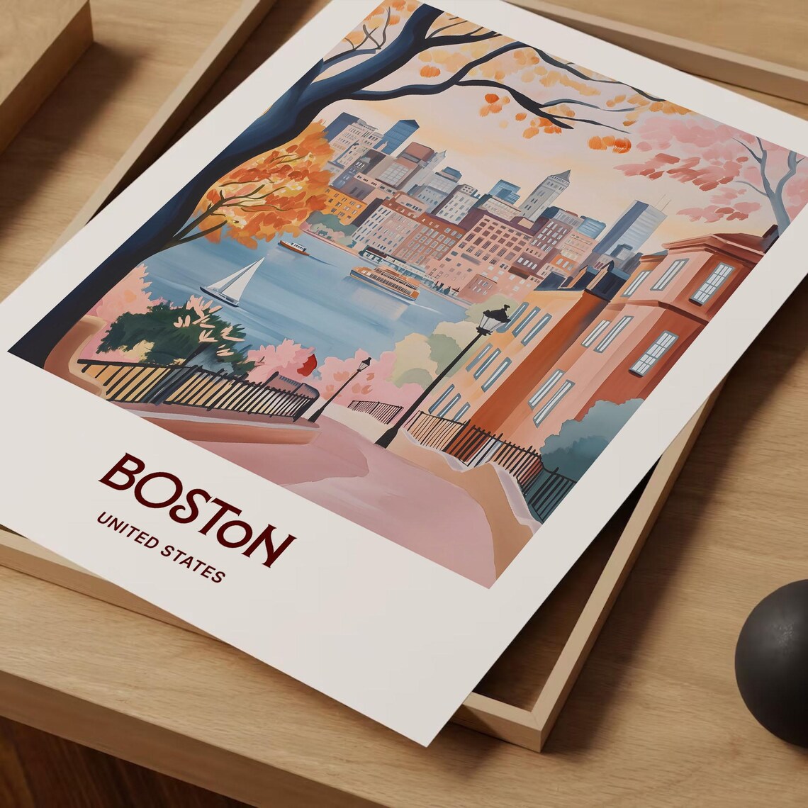 Boston United States Pastel Harbor Skyline Autumn Scene Poster - Image 2