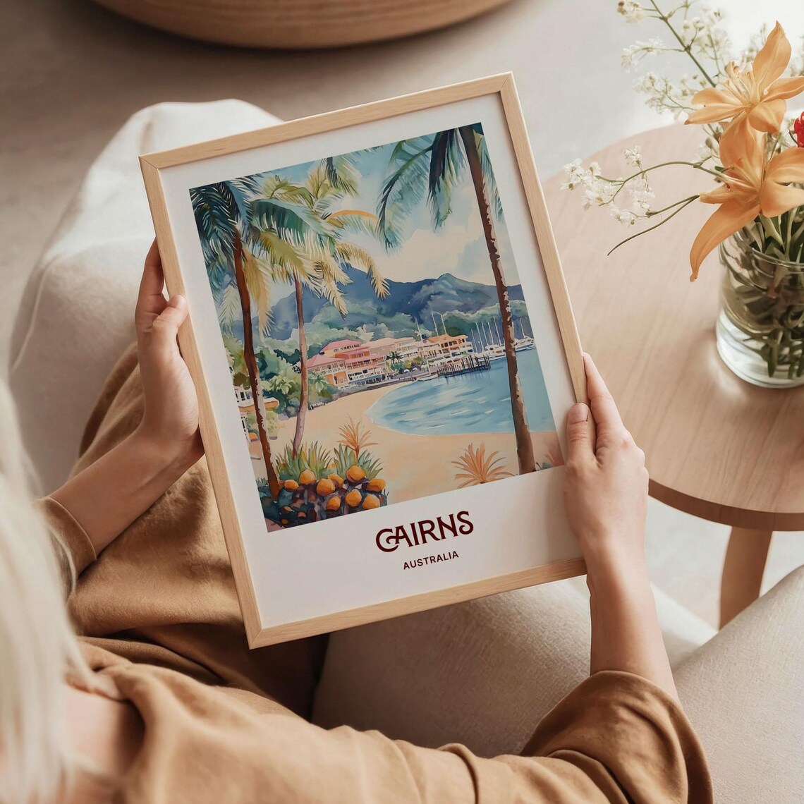 Cairns Australia Tropical Beach Marina Watercolor Travel Poster - Image 5