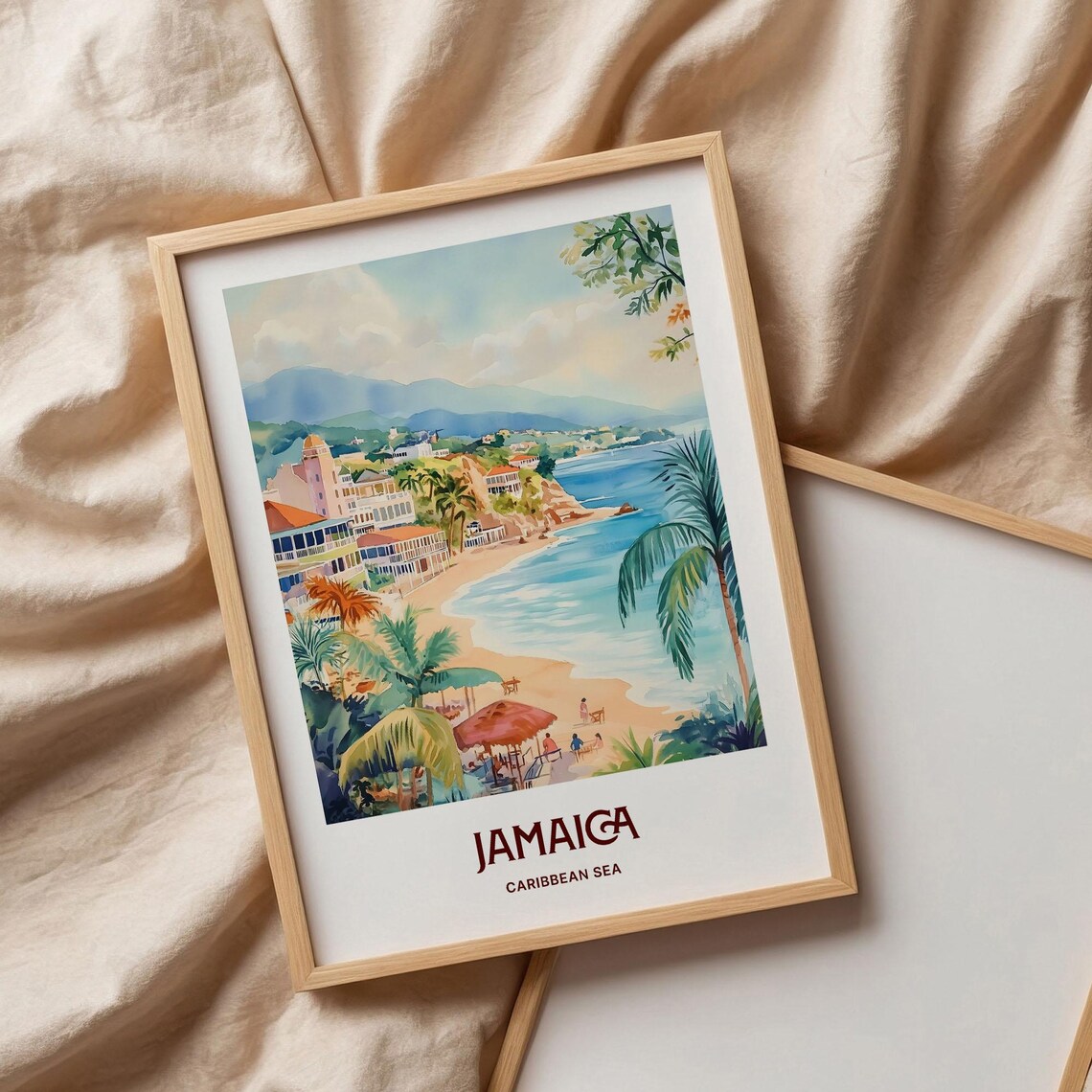 Jamaica Caribbean Sea Beach Resort Watercolor Tropical Travel Poster Art - Image 3