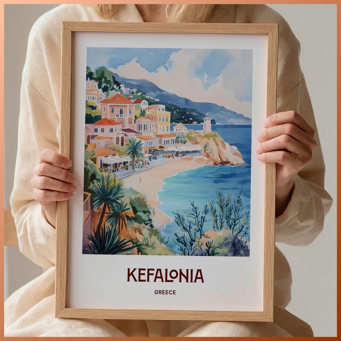 Kefalonia Greece Beach Cove Colorful Town Watercolor Travel Poster