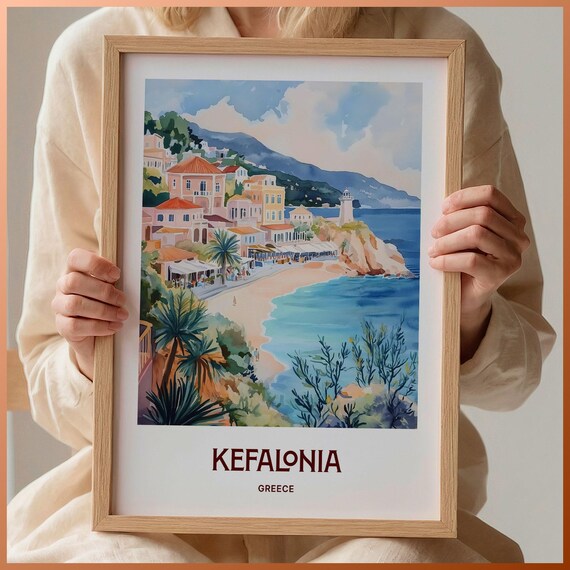 Kefalonia Greece Beach Cove Colorful Town Watercolor Travel Poster