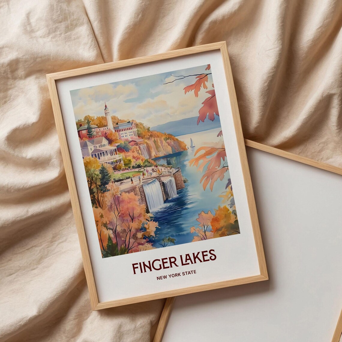 Finger Lakes New York Watercolor Autumn Waterfall Scene Poster - Image 3