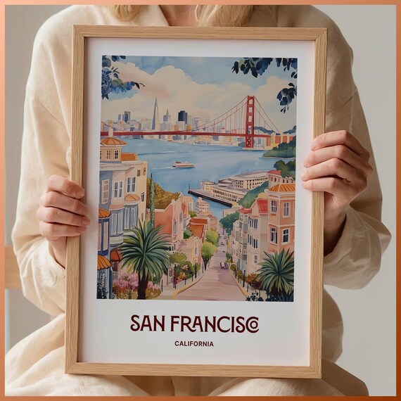 San Francisco Golden Gate Bridge Hills Watercolor Travel Poster
