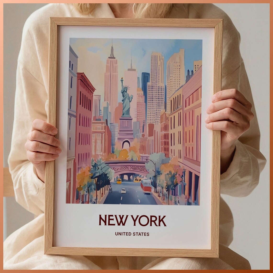 New York Statue of Liberty Empire State Building Travel Poster