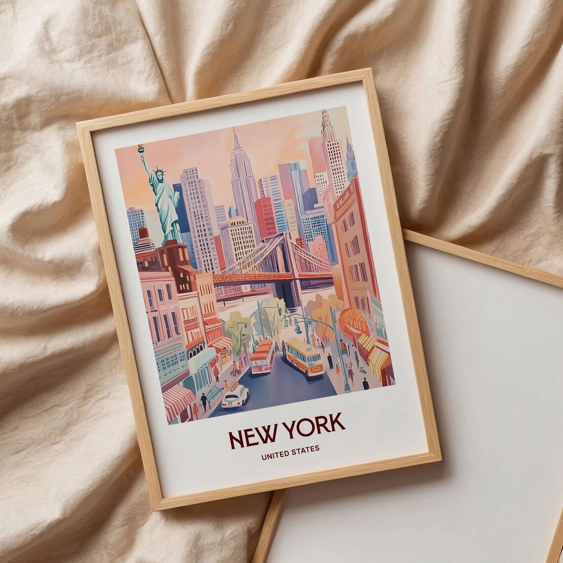 New York Skyline Brooklyn Bridge Buses Manhattan Watercolor Travel Poster - Image 3