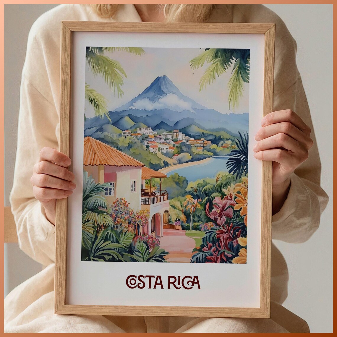 Costa Rica Volcano Lake Town Watercolor Tropical Travel Poster