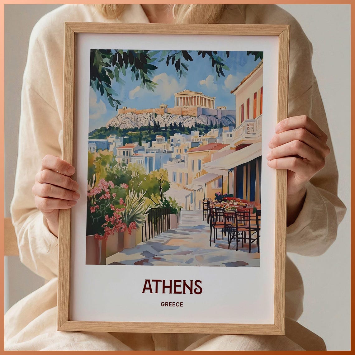 Athens Acropolis Parthenon Greece Watercolor Travel Poster Plaka