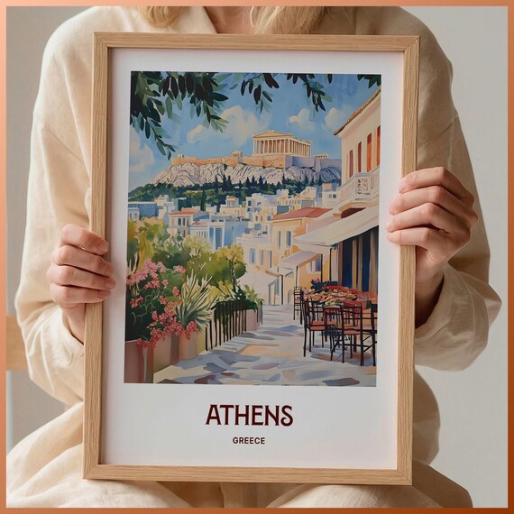 Athens Acropolis Parthenon Greece Watercolor Travel Poster Plaka