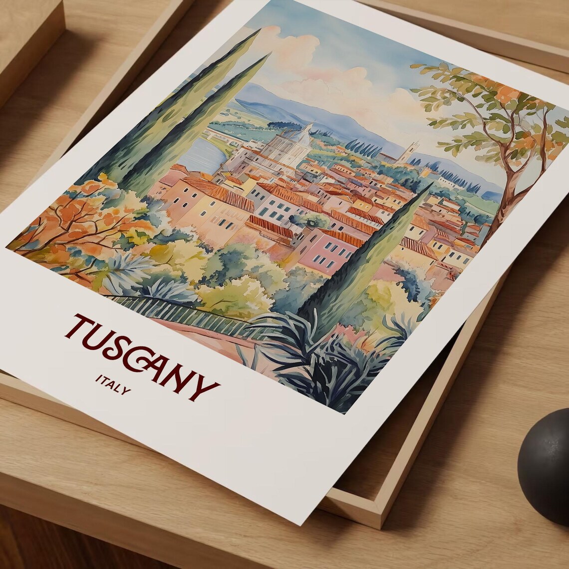 Tuscany Italy Cypress Hill Town Watercolor Poster Rustic Travel - Image 2