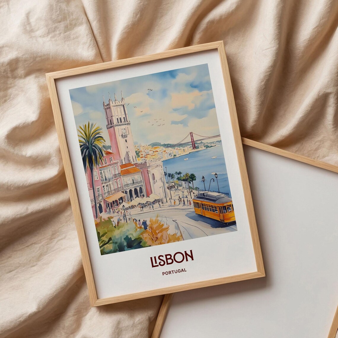 Lisbon Portugal Riverside Tram Bridge Watercolor Travel Poster - Image 3