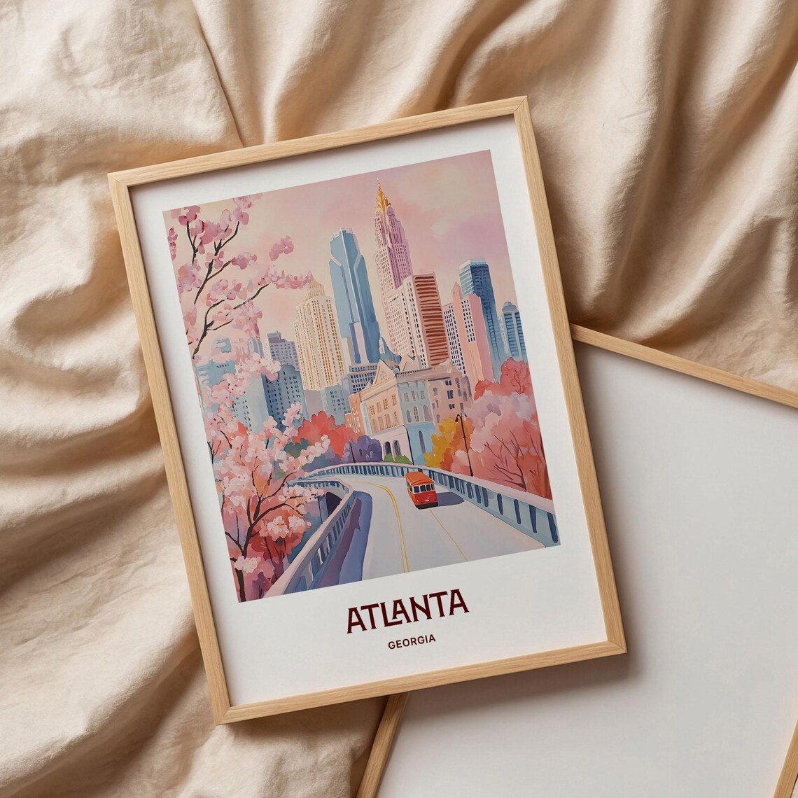 Atlanta Georgia Skyline Cherry Blossoms Bridge Watercolor Travel Poster - Image 3