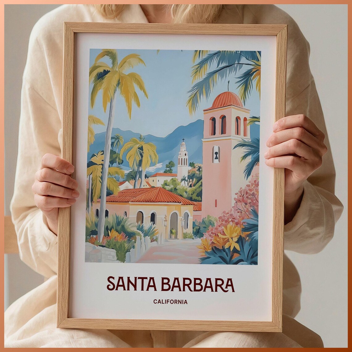 Santa Barbara California Mission Palms Scenic Mountain View Poster