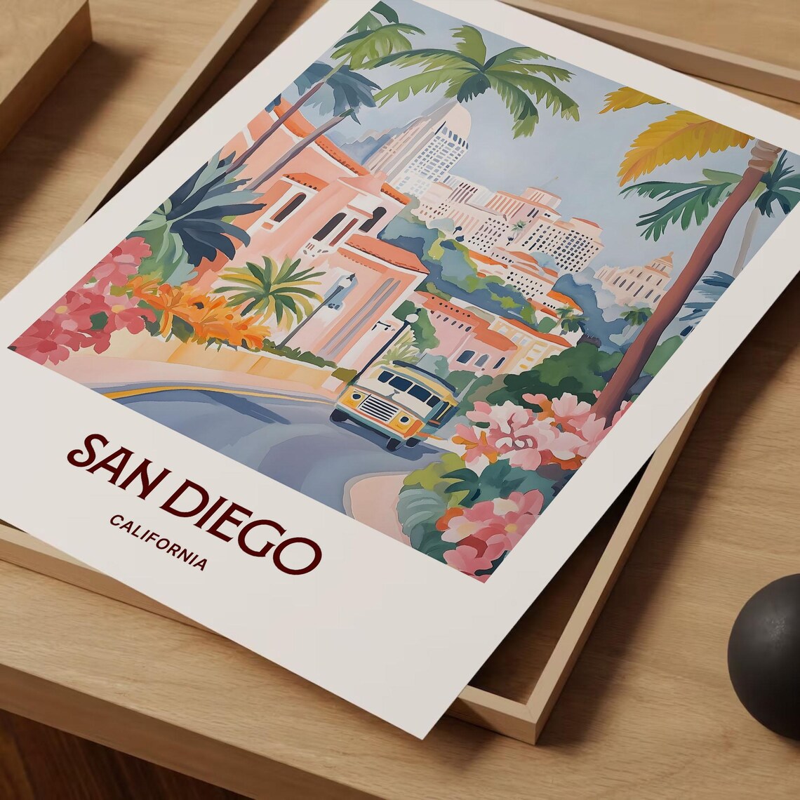 San Diego California Palm Lined Street Skyline Watercolor Travel Poster - Image 2