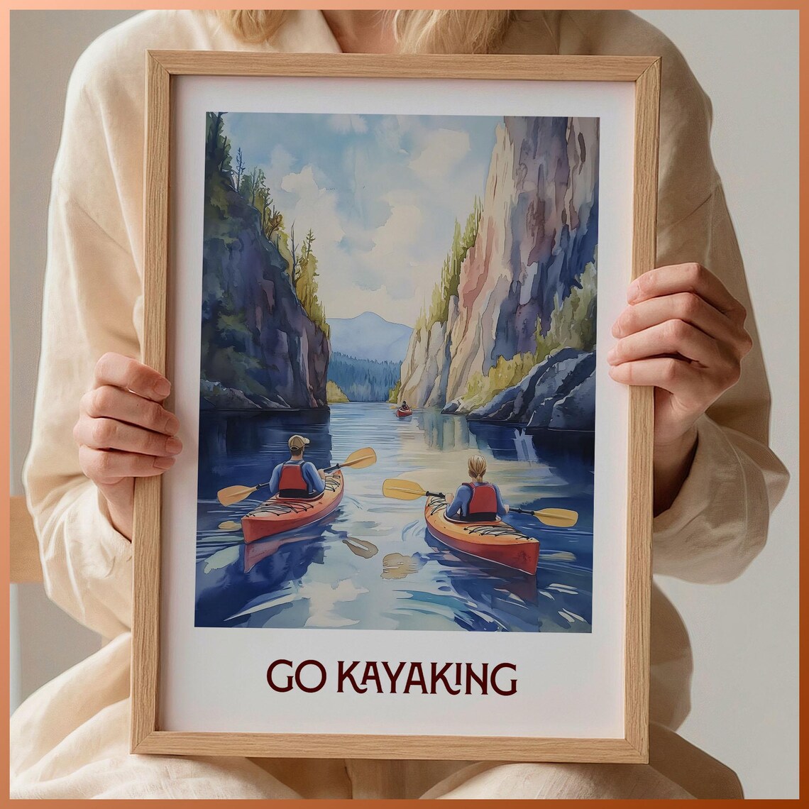Go Kayaking Mountain Lake Watercolor Outdoor Sport Art Poster