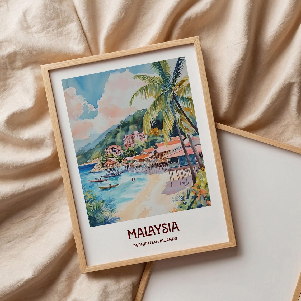 Perhentian Islands Malaysia Beach Huts Watercolor Tropical Travel Poster - Image 3
