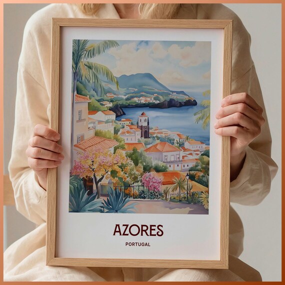 Azores Island Coastal Town Portugal Watercolor Travel Poster