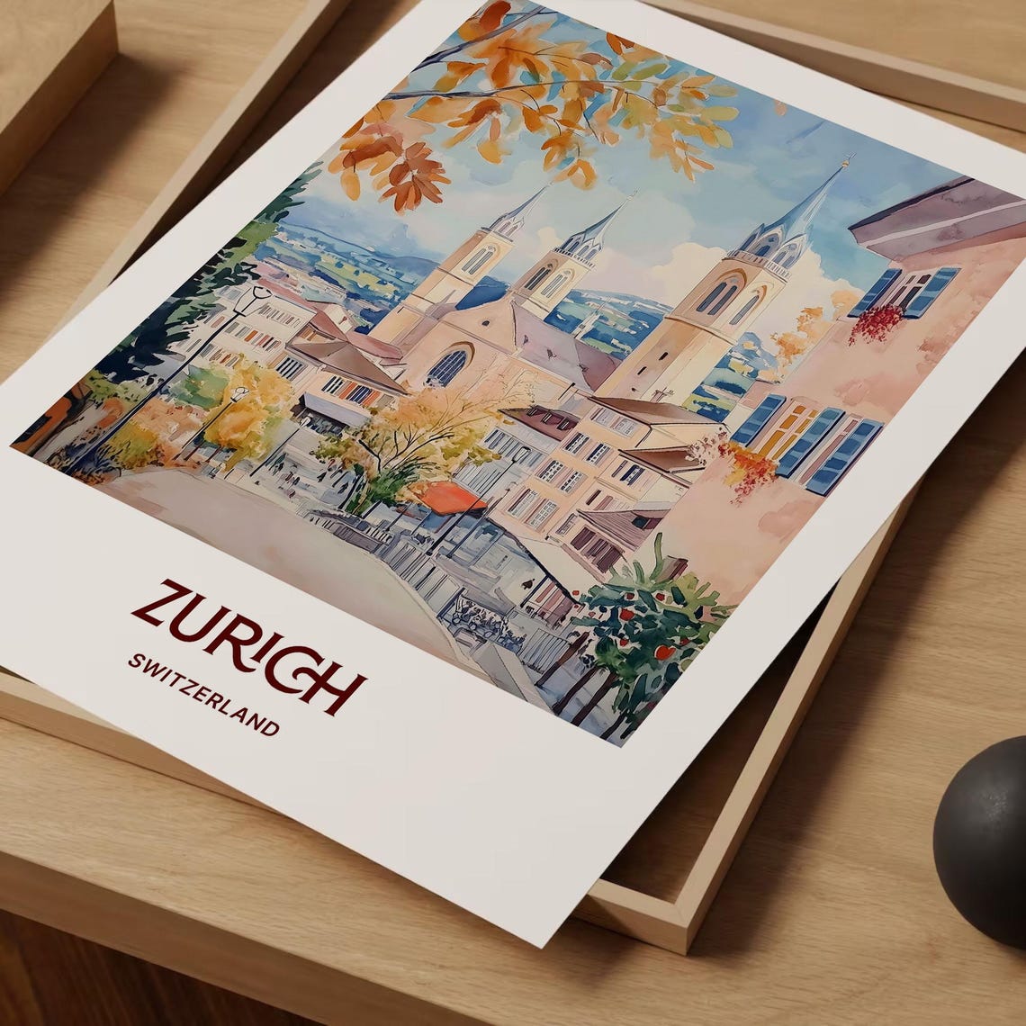 Zurich Switzerland Old Town Watercolor Poster Autumn Cityscape - Image 2