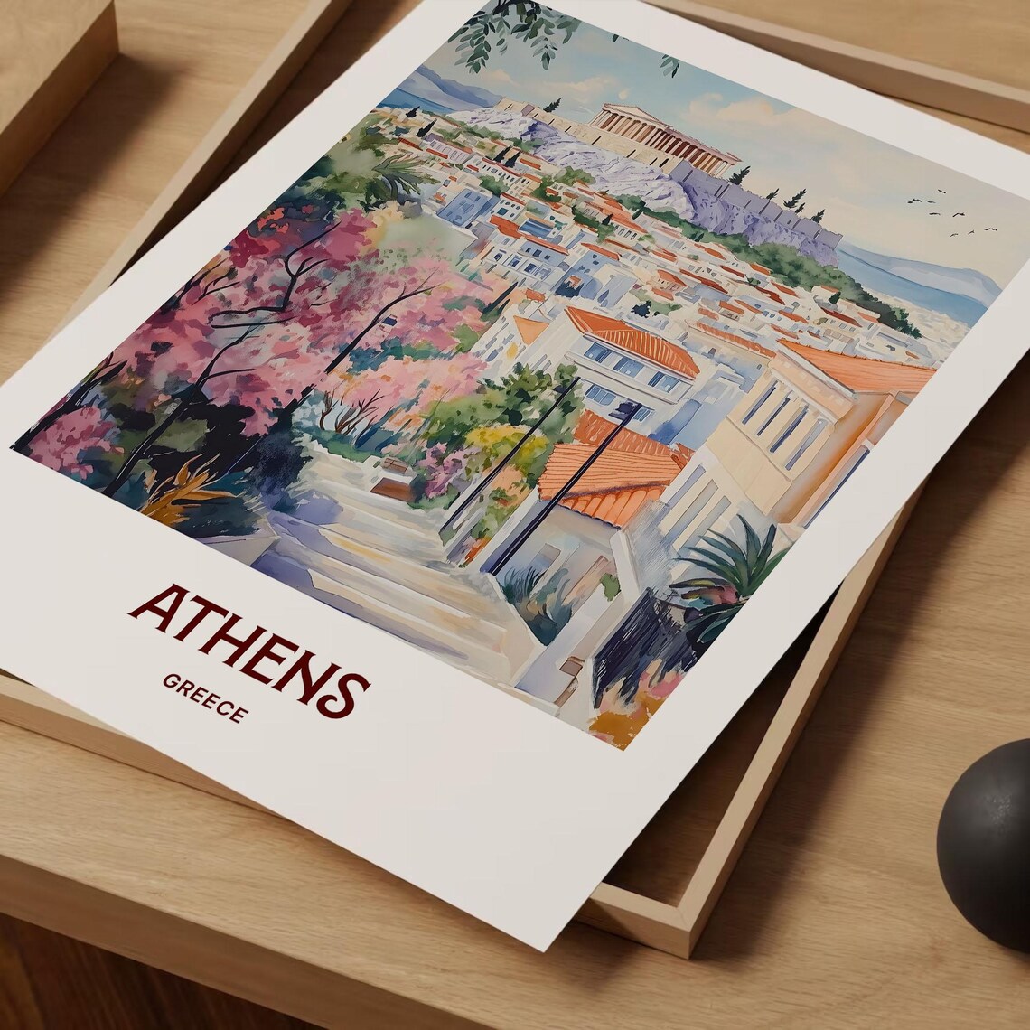 Athens Greece Pastel Acropolis Cityscape Watercolor Travel Poster - Image 2