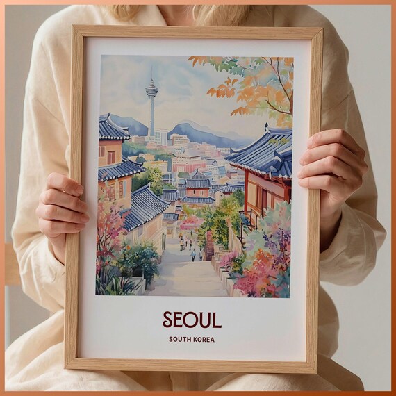 Seoul South Korea Watercolor Hanok Village Tower View Poster
