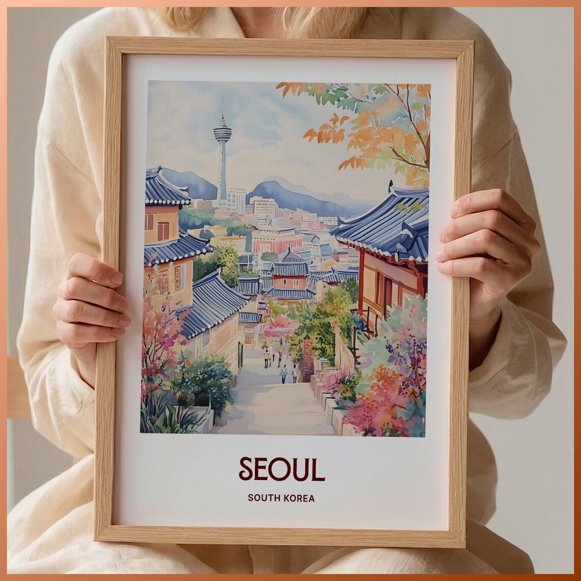 Seoul South Korea Watercolor Hanok Village Tower View Poster
