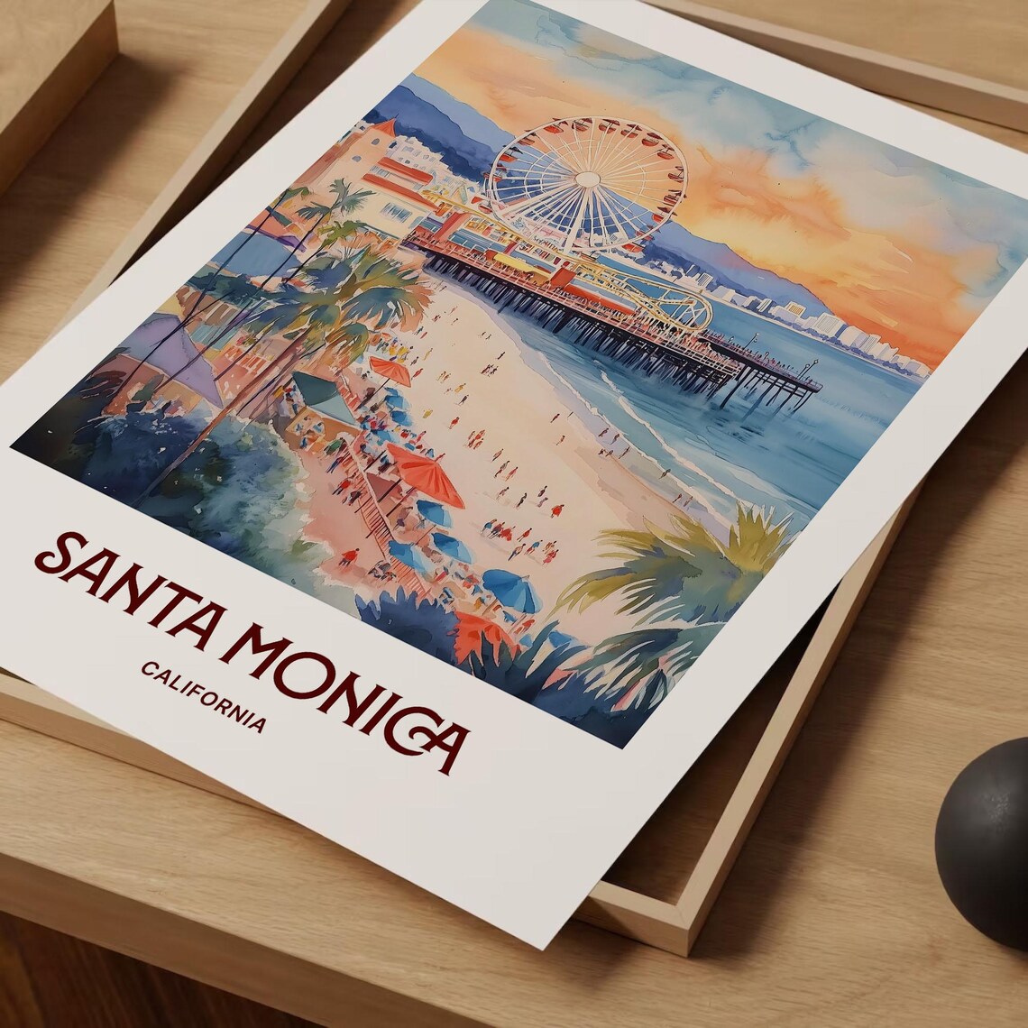 Santa Monica California Pier Ferris Wheel Beach Sunset Watercolor Travel Poster - Image 2