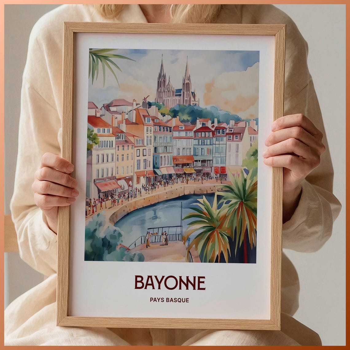Bayonne Pays Basque Riverside Cathedral Old Town Watercolor Poster