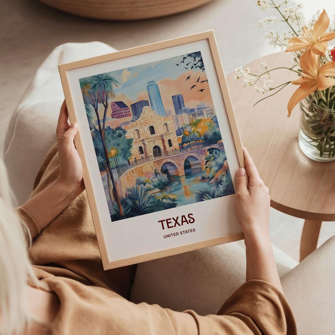 Texas Alamo Mission Bridge Downtown Skyline Watercolor Travel Poster - Image 5