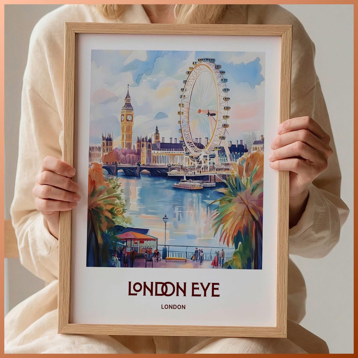 London Eye London Thames Riverside Scene Watercolor Travel Poster