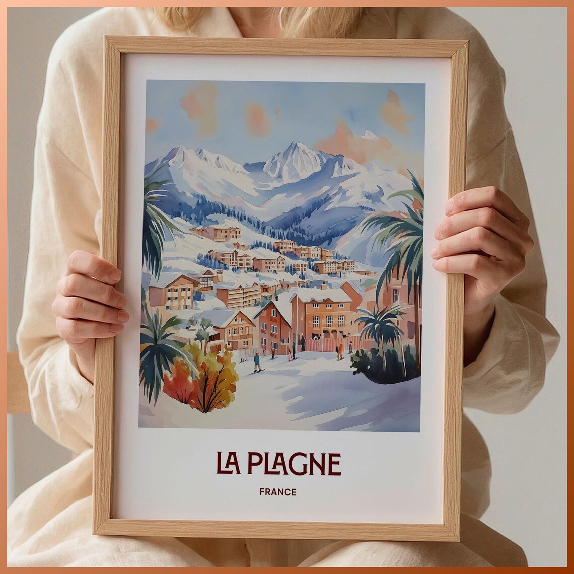 La Plagne France Snowy Ski Village Mountain Watercolor Travel Poster