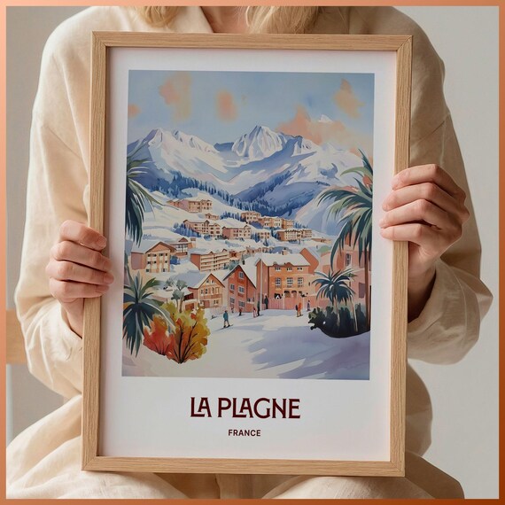 La Plagne France Snowy Ski Village Mountain Watercolor Travel Poster