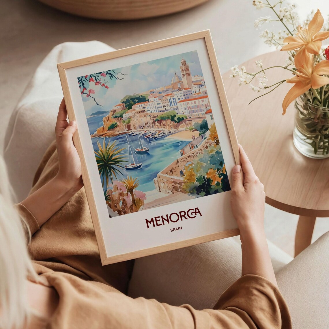 Menorca Spain Watercolor Harbor Sailboats Whitewashed Coastal Town Poster - Image 5