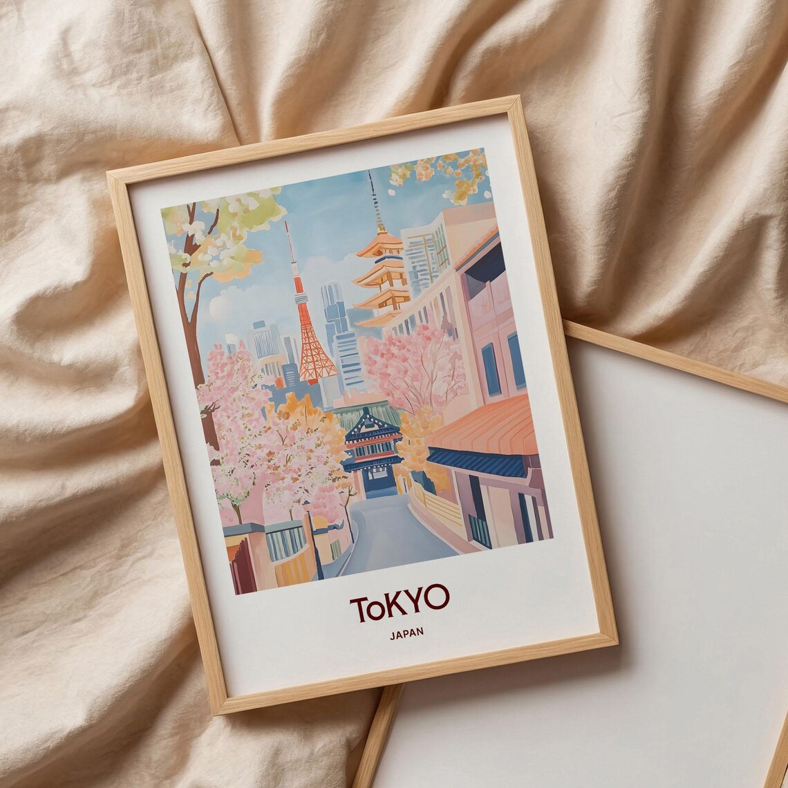 Tokyo Japan Tower Pagoda Cherry Blossom Street Travel Art Poster - Image 3