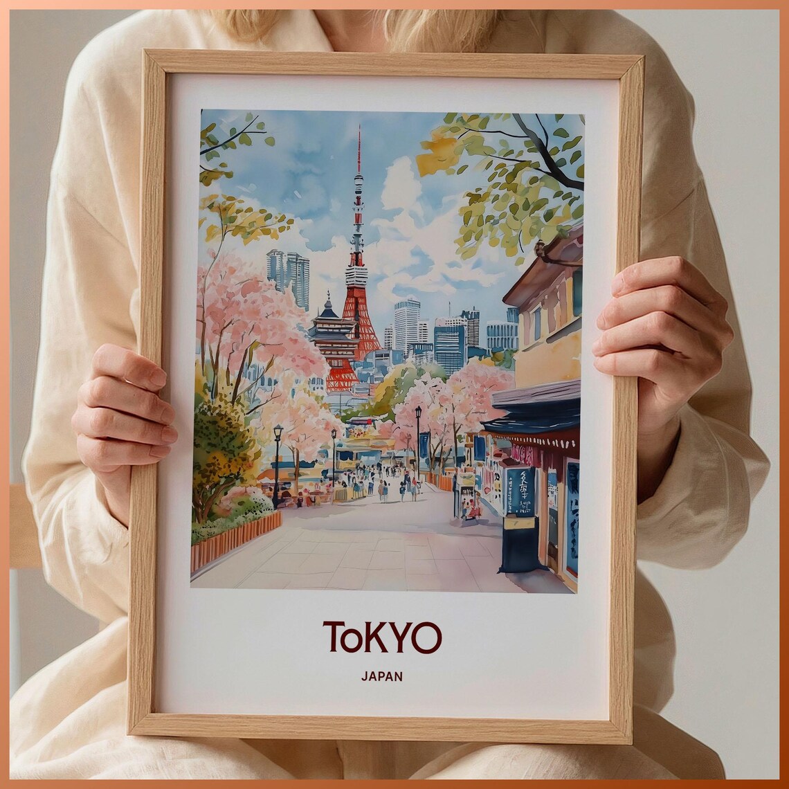 Tokyo Japan Watercolor Tokyo Tower Cherry Blossom Street Travel Poster