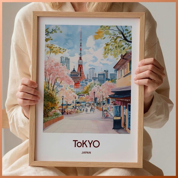 Tokyo Japan Watercolor Tokyo Tower Cherry Blossom Street Travel Poster
