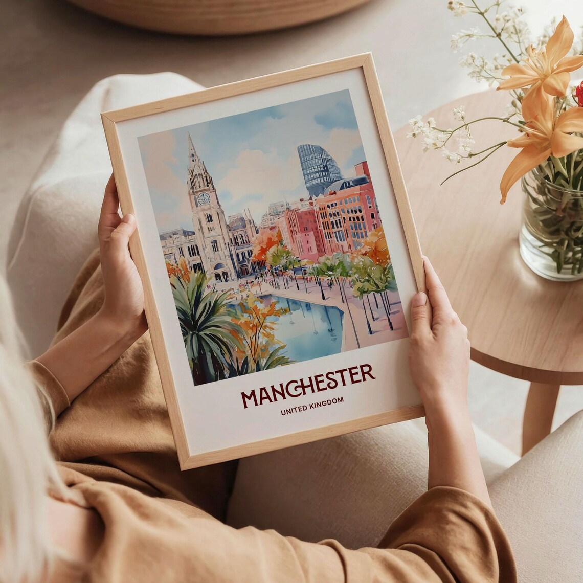 Manchester United Kingdom Town Hall Canal Watercolor Travel Poster - Image 5