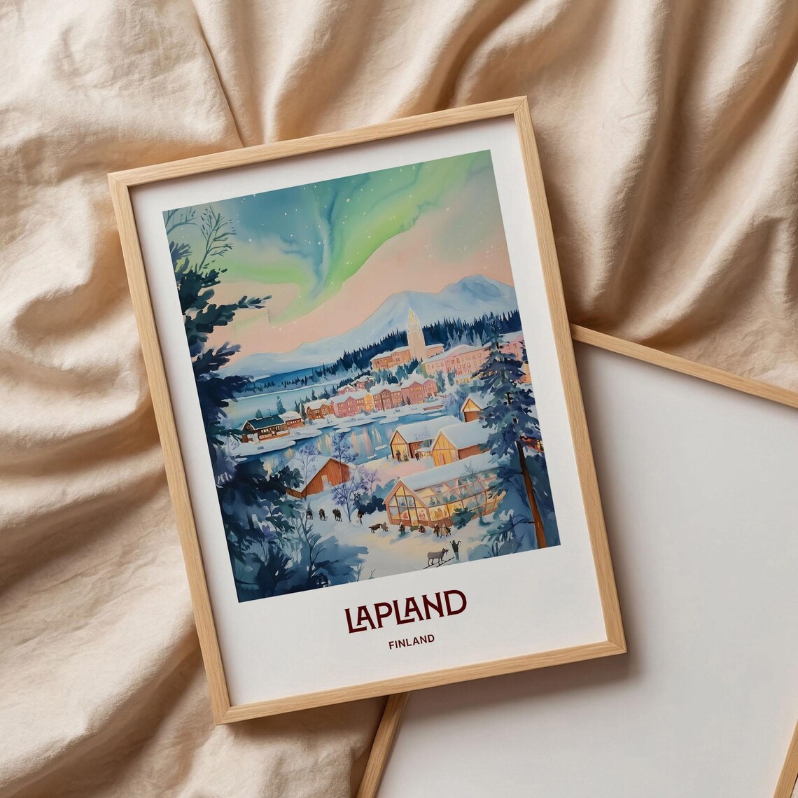 Lapland Finland Northern Lights Snowy Village Watercolor Poster - Image 3
