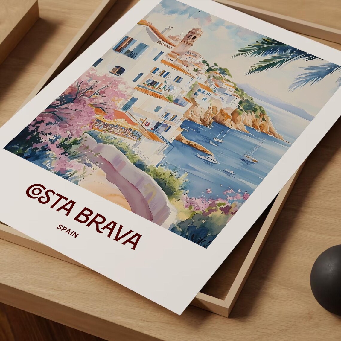 Costa Brava Spain White Village Coves Sailboats Watercolor Poster - Image 2