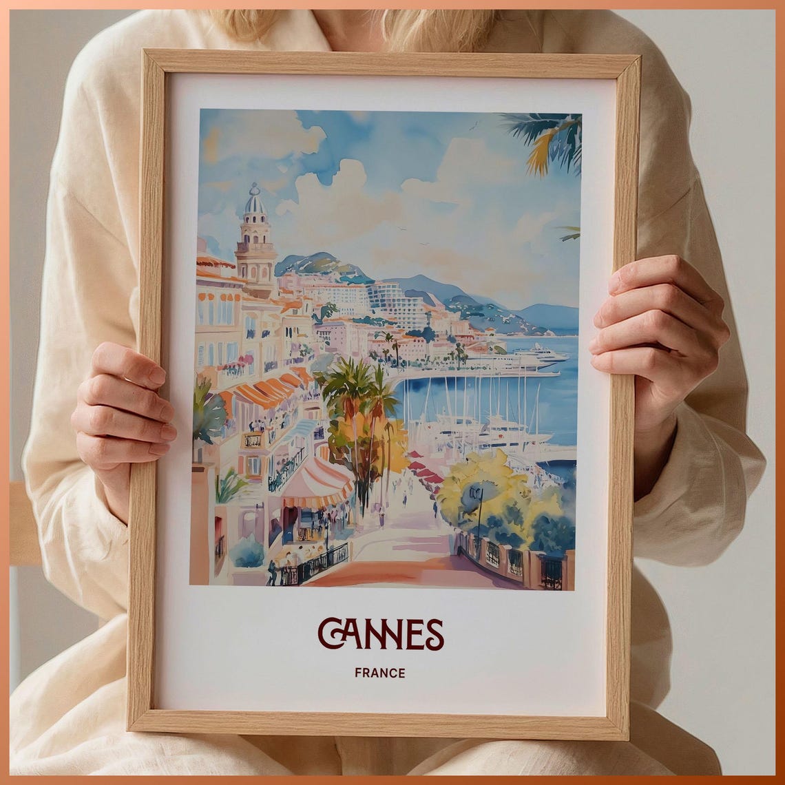 Cannes France Riviera Harbor Pastel Watercolor Travel Poster