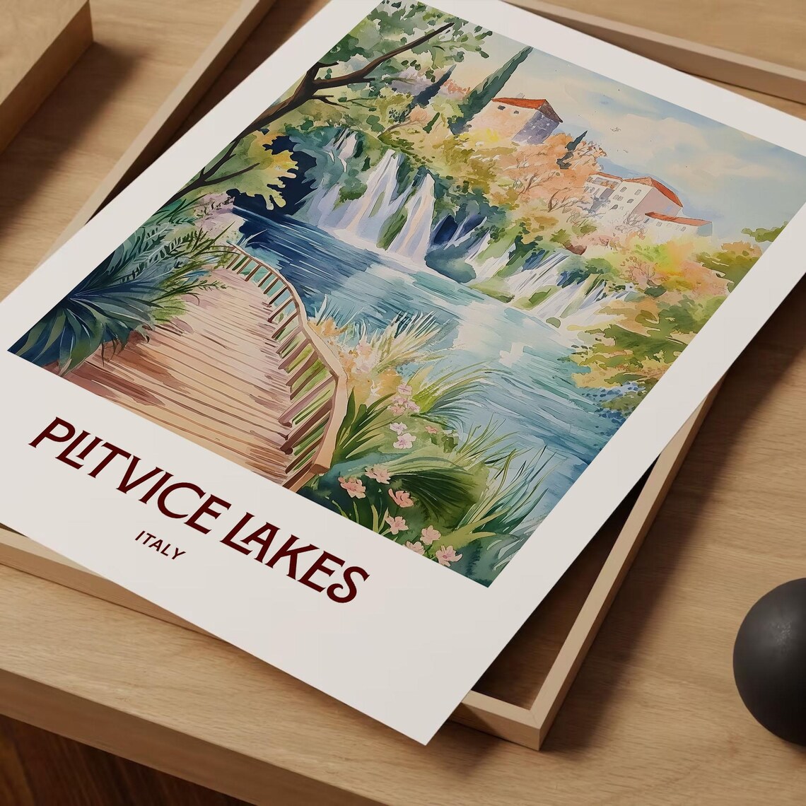 Plitvice Lakes Waterfall Boardwalk Watercolor Nature Travel Poster Art - Image 2
