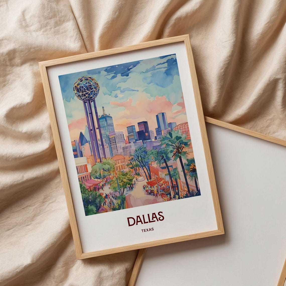 Dallas Texas Downtown Skyline Reunion Tower Watercolor City Poster - Image 3