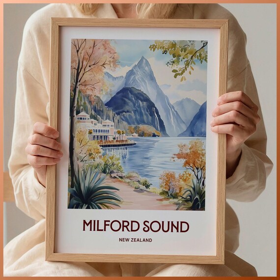 Milford Sound New Zealand Fjord Mountains Watercolor Travel Poster