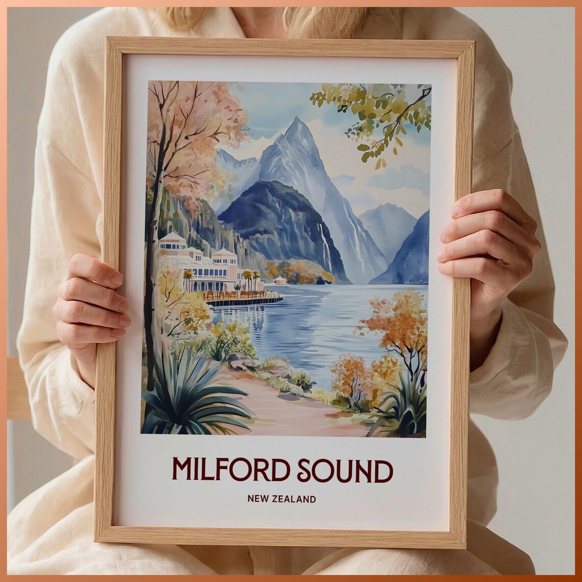 Milford Sound New Zealand Fjord Mountains Watercolor Travel Poster
