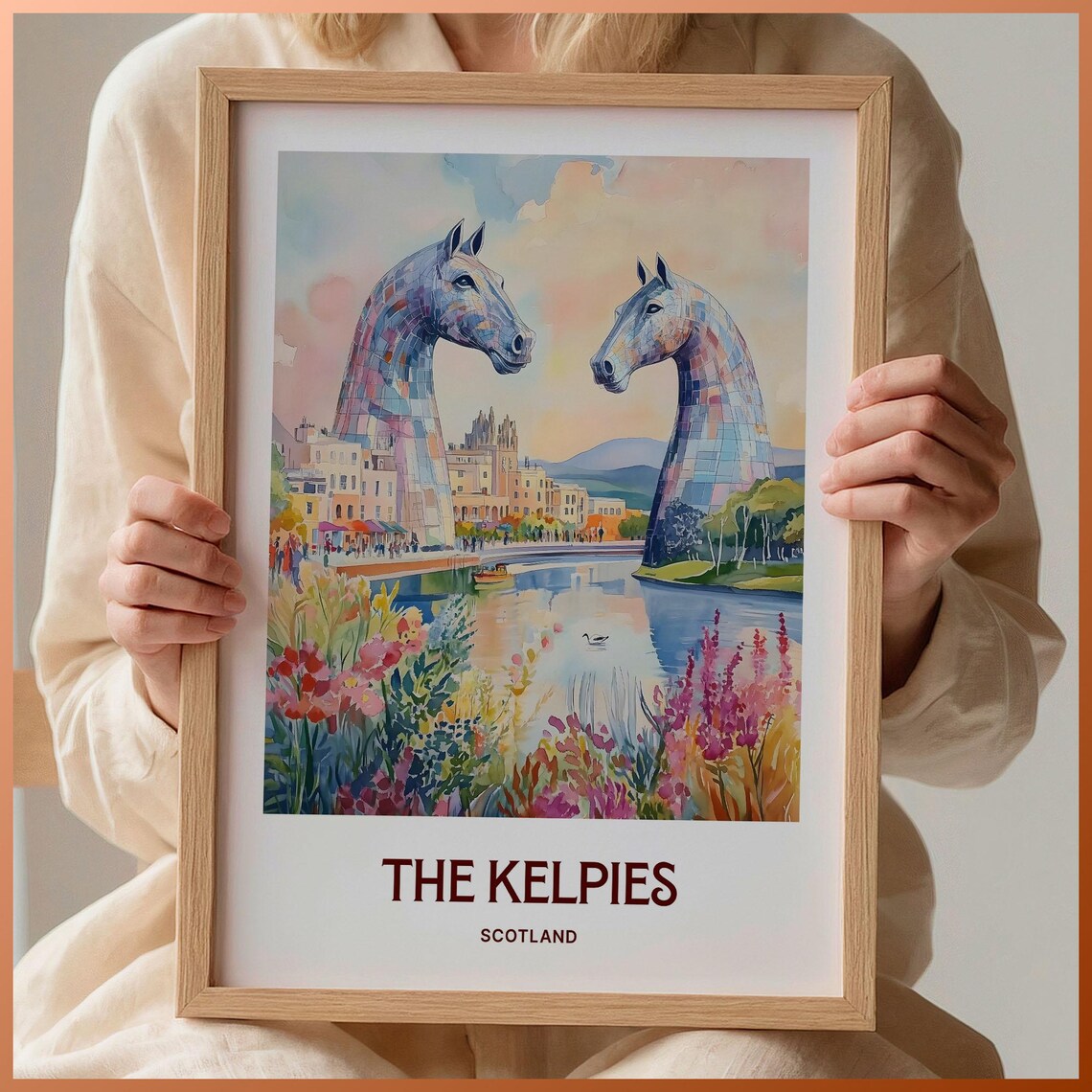 The Kelpies Scotland Watercolor Horse Sculptures Canal Flower Art Poster
