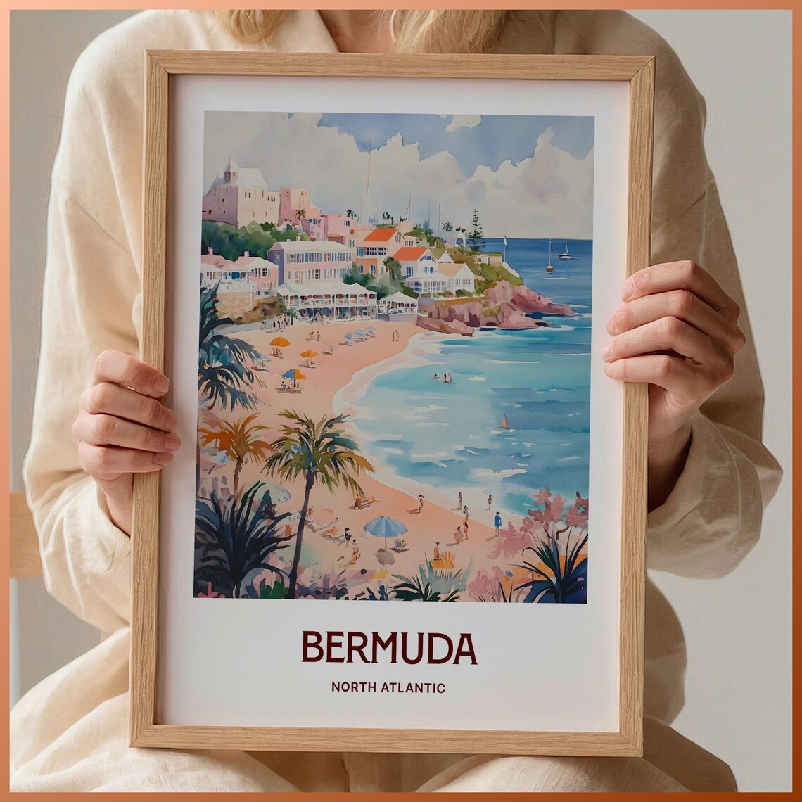 Bermuda North Atlantic Pink Sand Beach Palms Watercolor Island Poster